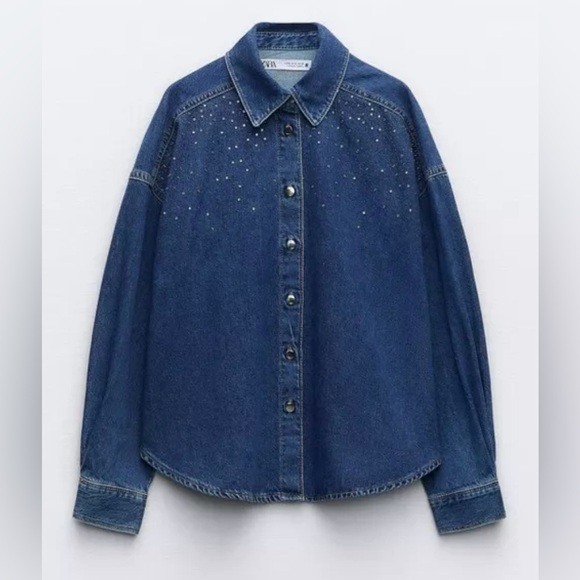 Zara Dark Blue Wash Denim Button-Up Blouse | Rhinestones | New | Small - Picture 8 of 11